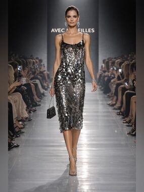 Avec Les Filles Metallic Silver Sequin Midi Slip Dress
